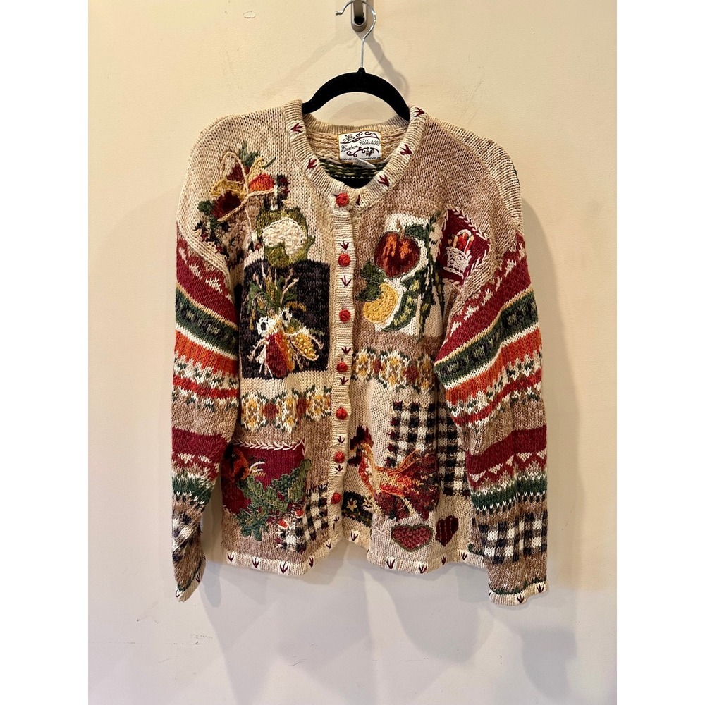 Heirloom Collectibles Autumn Harvest Cardigan XL Beige Embroidered Thanksgiving